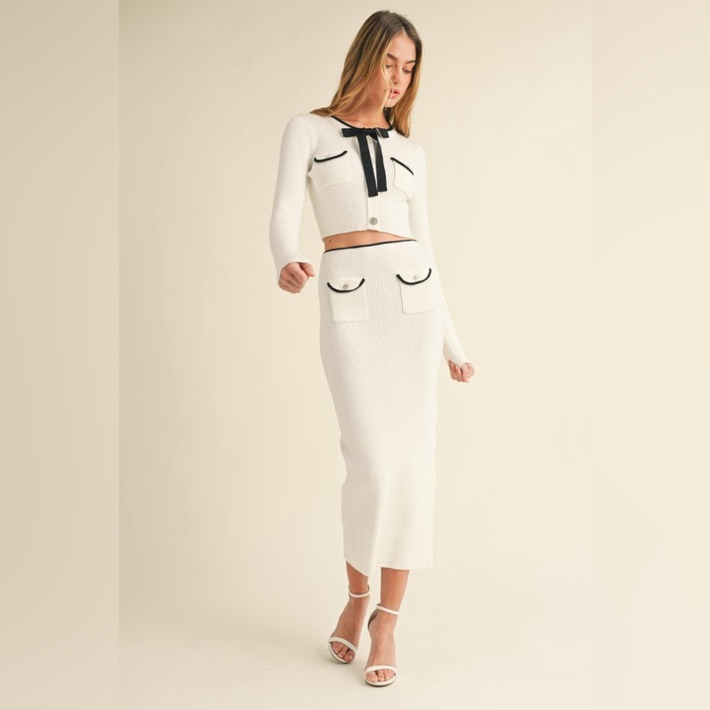 49. Ribbed Knit Rhinestone Buttons Skirt Set in Cream